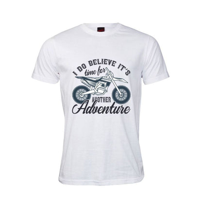 White motorbike themed t-shirt with a graphic of a dirt bike and "It's time for another adventure" text on a white background