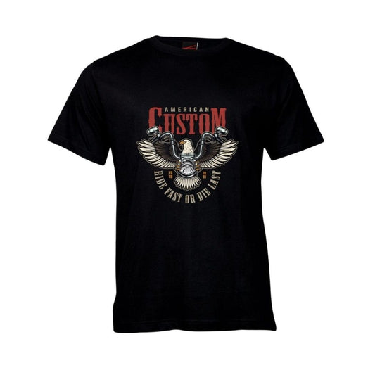 Black motorcycle themed t-shirt with an eagle graphic and "American Custom" text on a white background