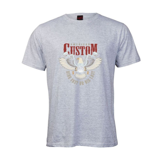 Grey motorcycle themed t-shirt with an eagle graphic and "American Custom" text on a white background