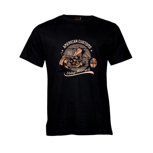 Black t-shirt with vintage style motorcycle graphic and 'American Customs' text on a white background
