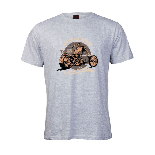 Grey t-shirt with vintage style motorcycle graphic and 'American Customs' text on a white background