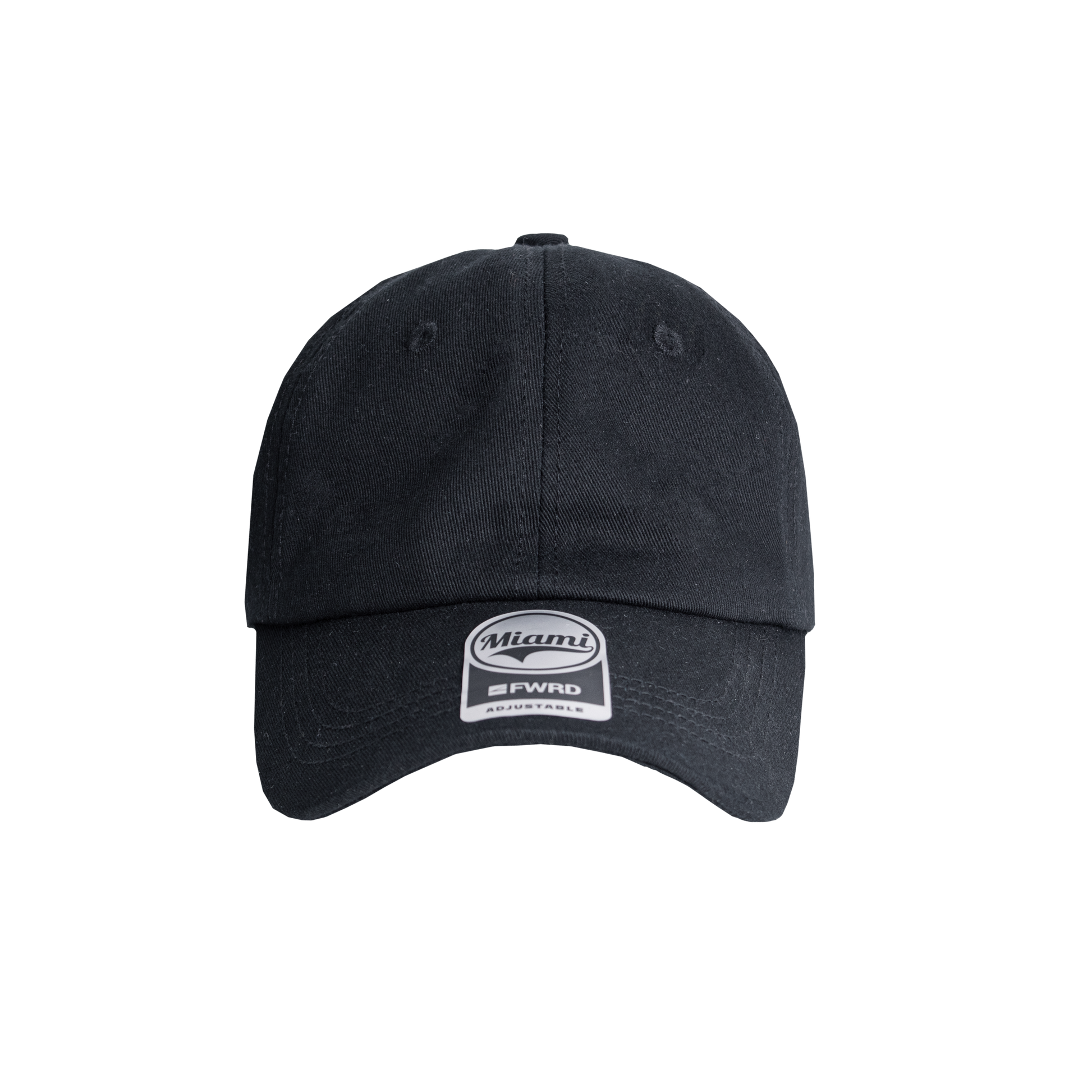 Black 6 panel peak cap on a transparent background