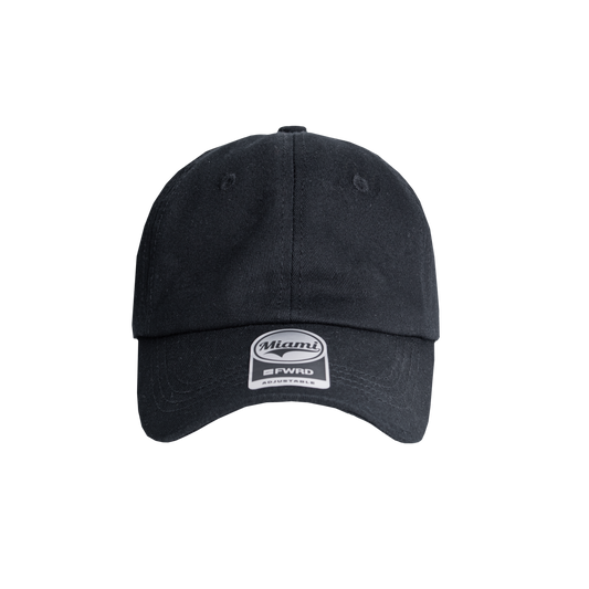 Black 6 panel peak cap on a transparent background
