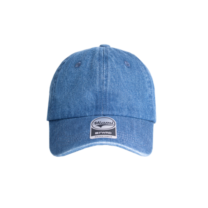 Denim 6 panel peak cap on a transparent background