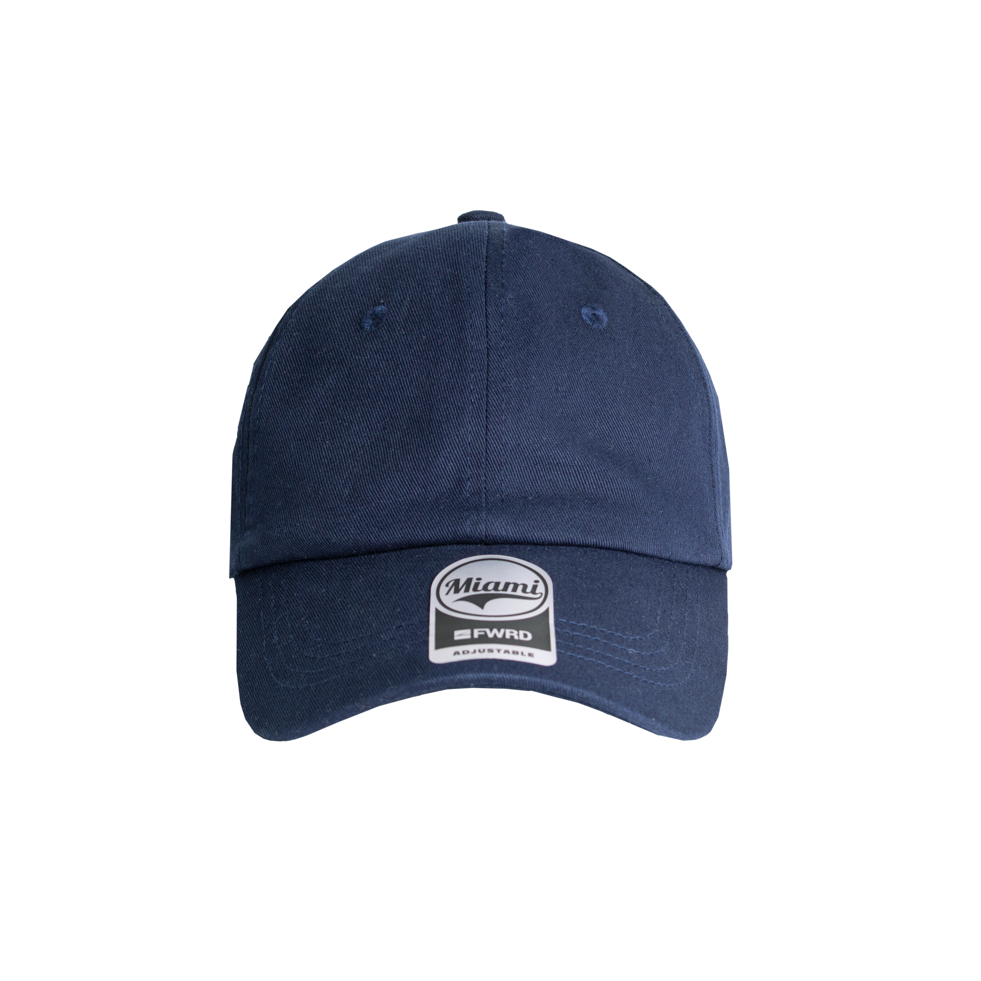 Navy 6 panel peak cap on a transparent background