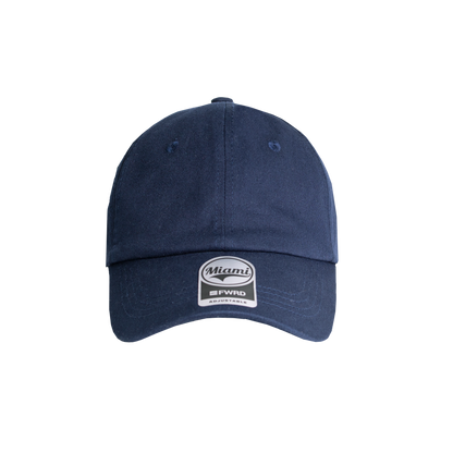Navy 6 panel peak cap on a transparent background