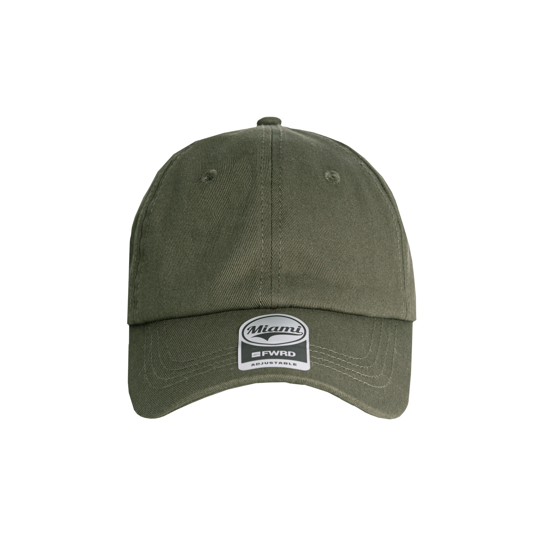Olive Green 6 panel peak cap on a transparent background