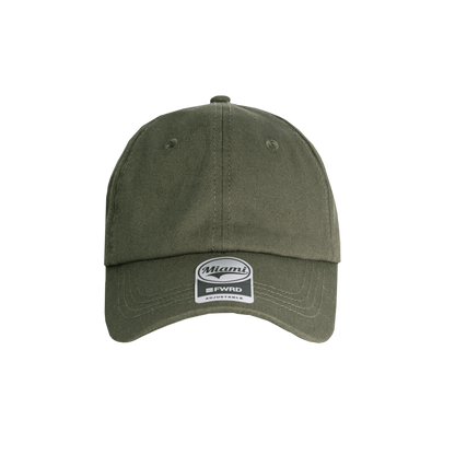 Olive Green 6 panel peak cap on a transparent background