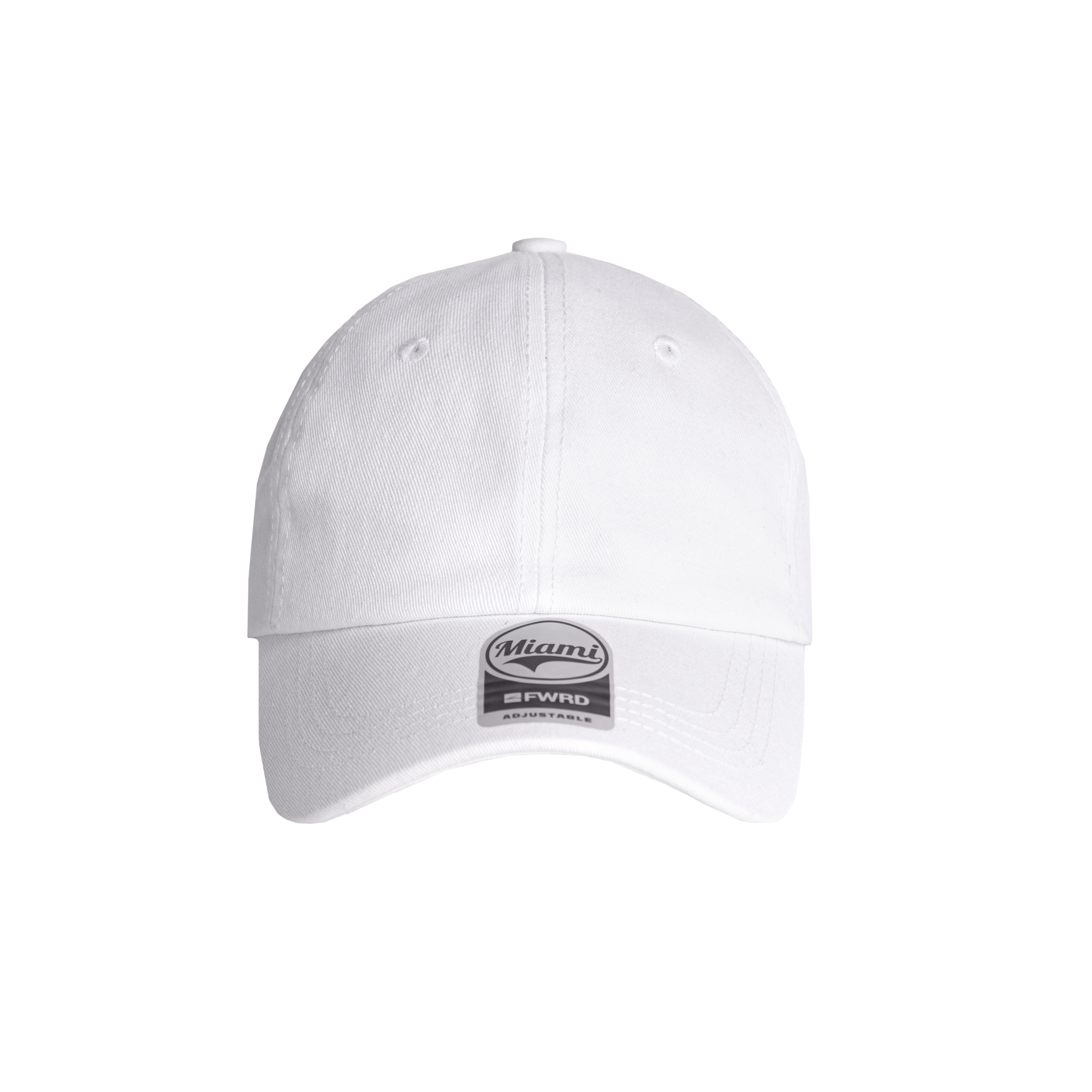 White 6 panel peak cap on a transparent background