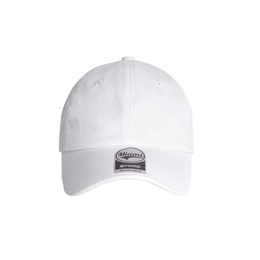 White 6 panel peak cap on a transparent background