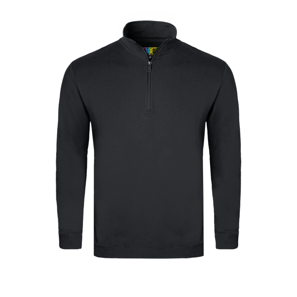 Black long-sleeve sweater with a quarter zip on a transparent background