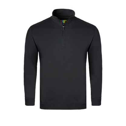 Black long-sleeve sweater with a quarter zip on a transparent background