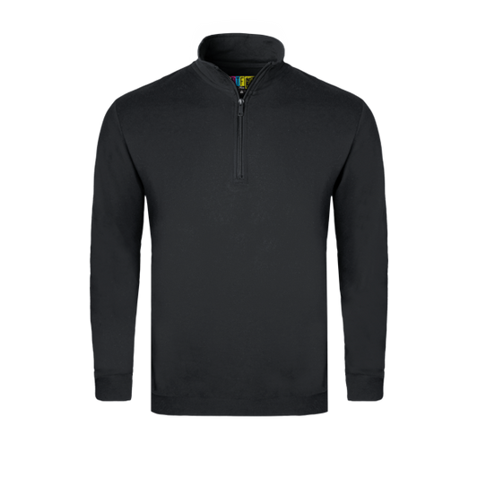 Black long-sleeve sweater with a quarter zip on a transparent background