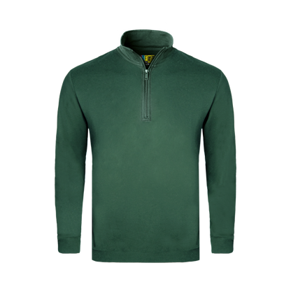 Bottle Green long-sleeve sweater with a quarter zip on a transparent background