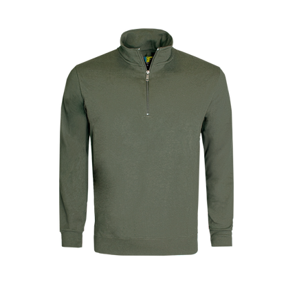 Olive long-sleeve sweater with a quarter zip on a transparent background