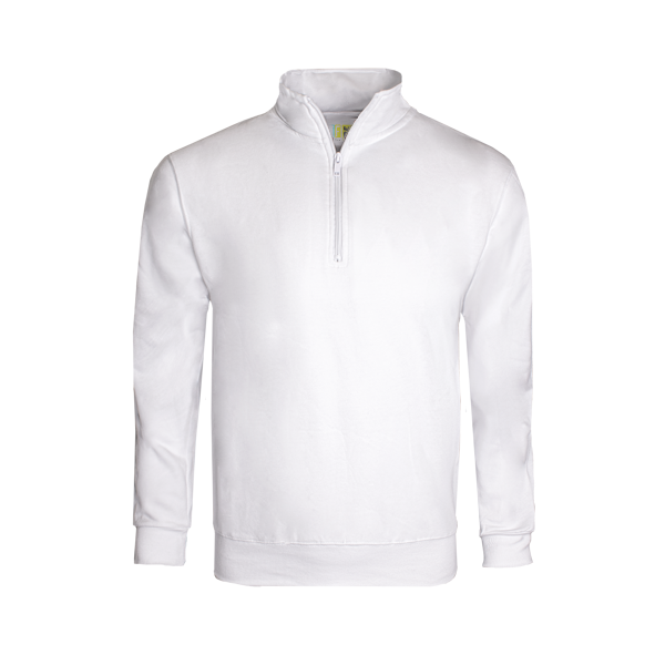 White long-sleeve sweater with a quarter zip on a transparent background