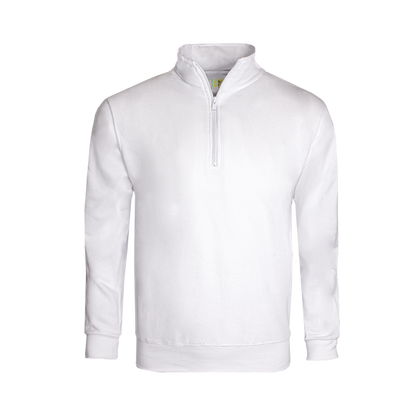White long-sleeve sweater with a quarter zip on a transparent background